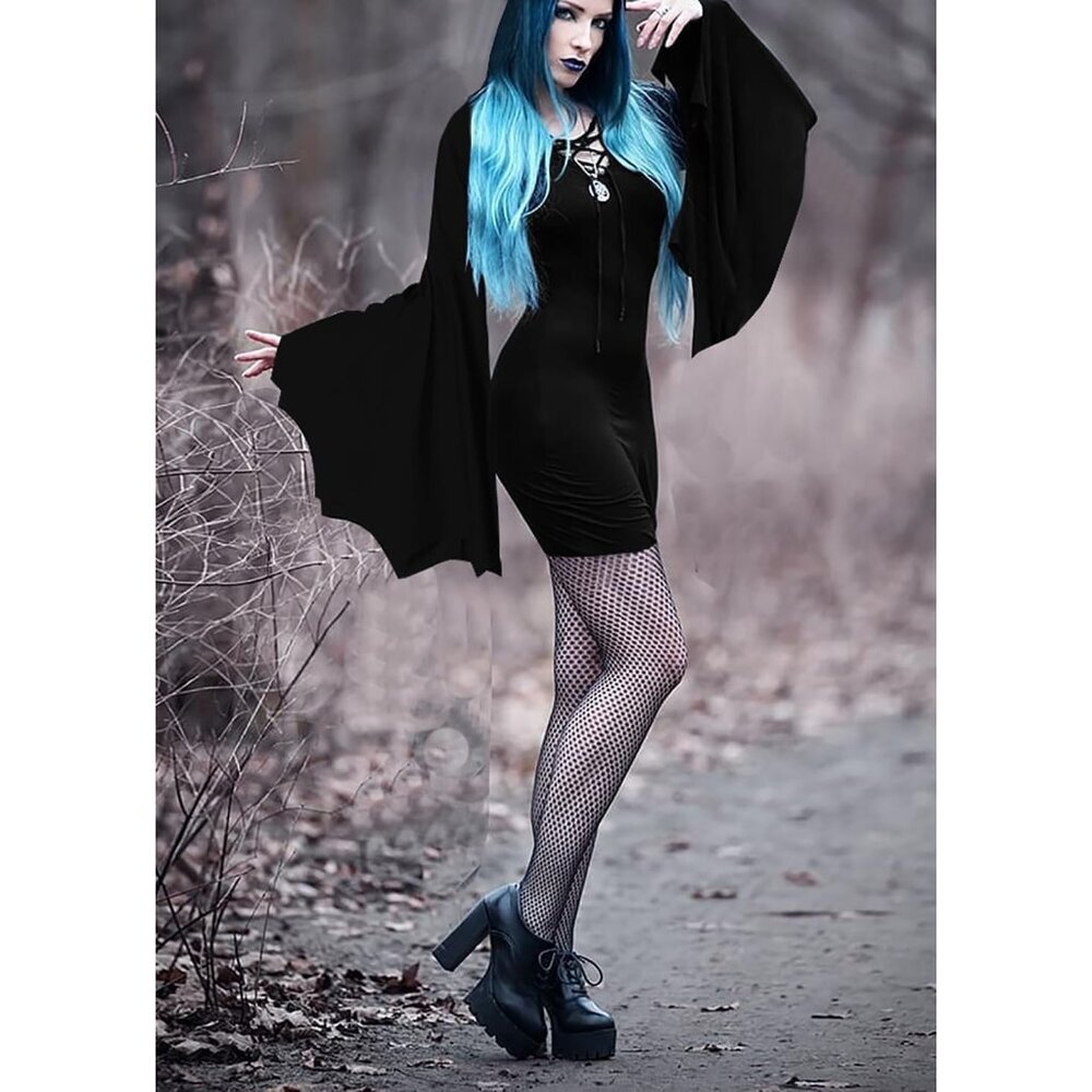 Women's Black Halloween Long Wide Sleeves Addams Costume Wrap Gothic Witch Dress - Picture 2 of 6